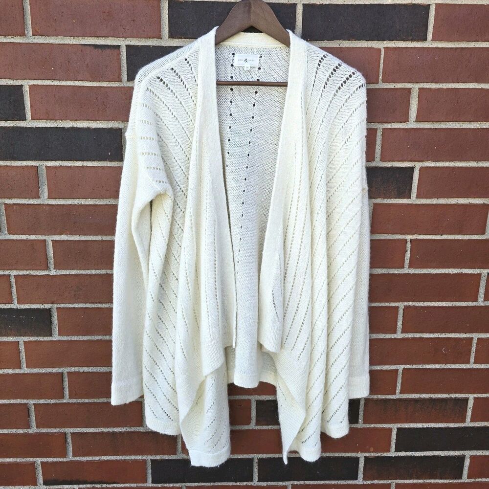 Lou & Grey Cardigan Sweater Eyelet Tight Knit Open Front Sz Medium Cream NWOT